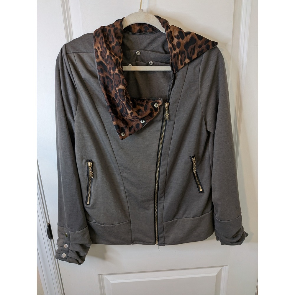Grey‎ Asymmetrical Zip Moto Jacket Leopard Print Cowl Neck Jersey Knit Small